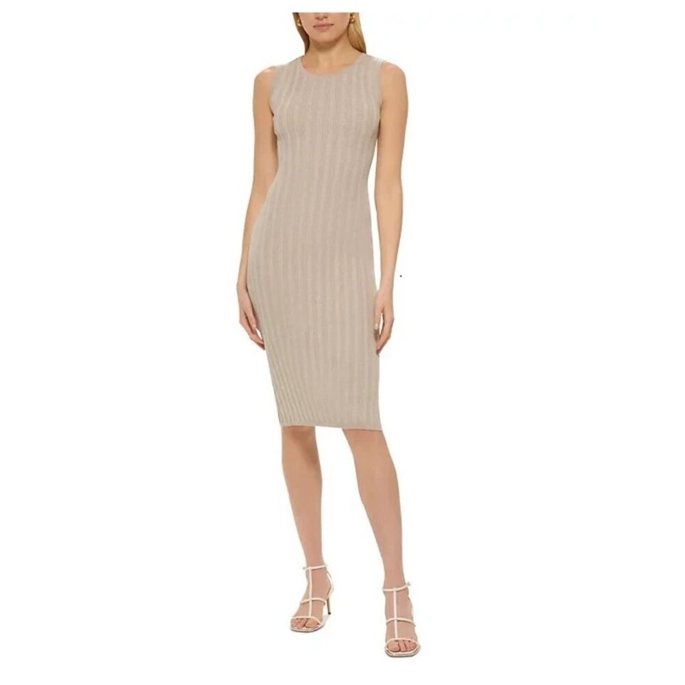 DKNY Jeans Women's Rib-Knit Bodycon Sweater Dress, Beige, Large (10-12)